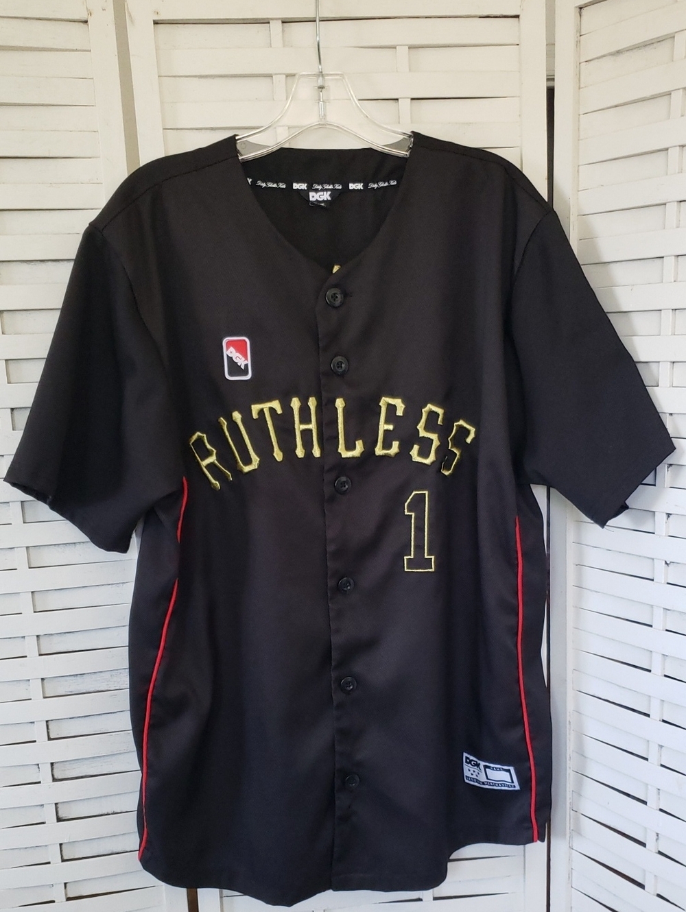 DGK Ruthless Black Jersey with Gold Lettering and Red Piping L